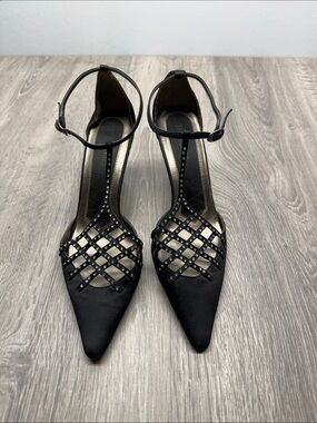 Ann Marino Black Pointed-Toe Ankle-Strap Heels with Studded Lattice